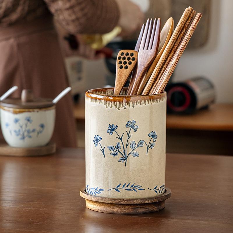 Drainable Ceramic Chopsticks Holder - Multi-purpose Kitchen Storage Jar for Spoons, Forks, and Knives