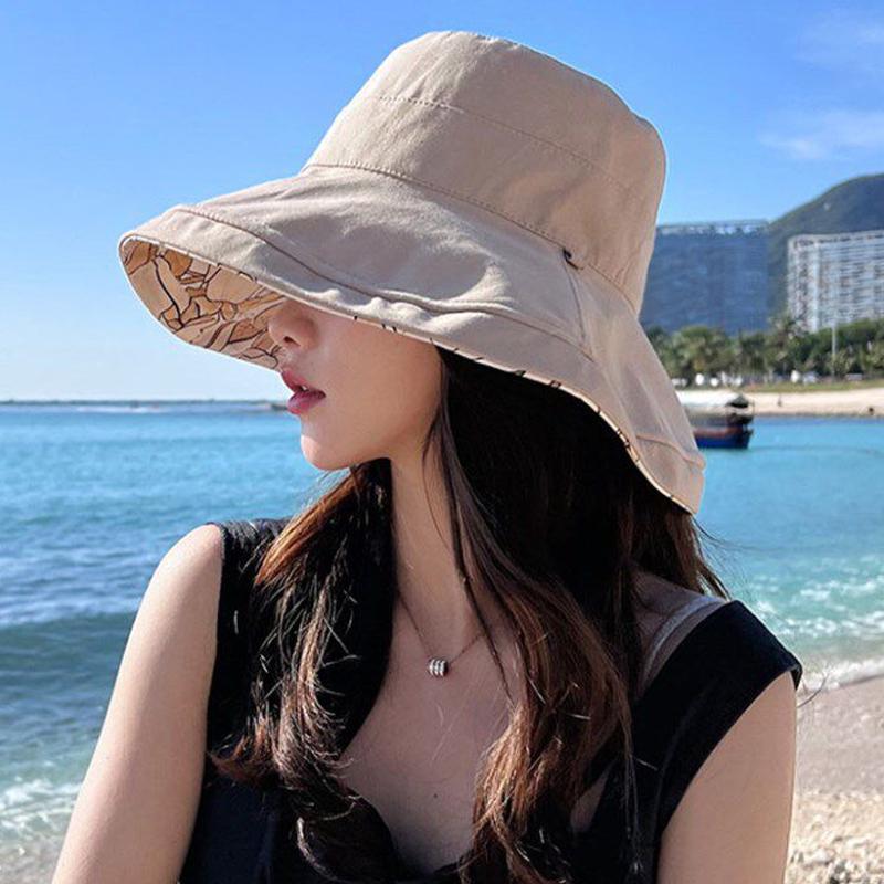 Double-Sided Bucket Hat For Women Vacation Style Flower Print Wide Brim Fisherman Hats Sun Hat
