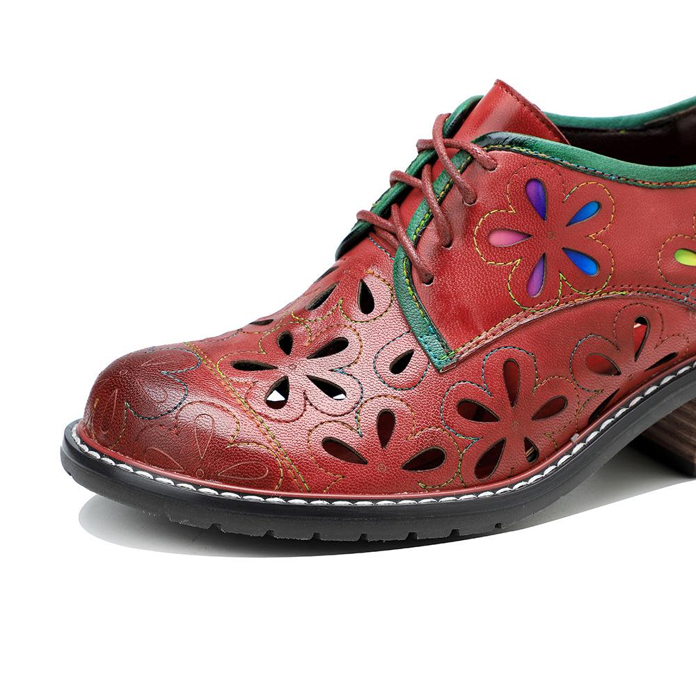 Johnature Genuine Leather Versatile Women Pumps Hand Brushed Vintage Contrast Hollow Out Thick Heels Shoes