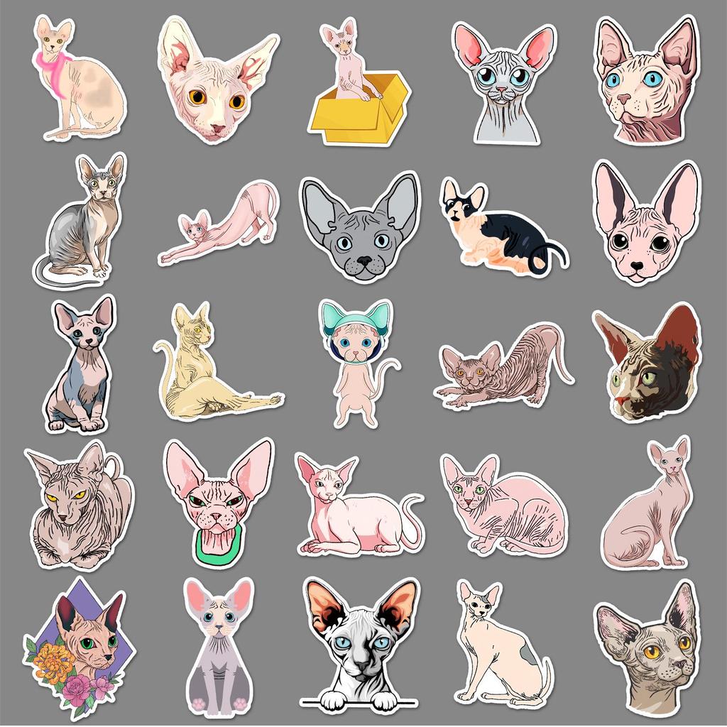 Sphinx Hairless Cat Waterproof Stickers - 50 Cartoon Sheets for Phone and Suitcase Decoration