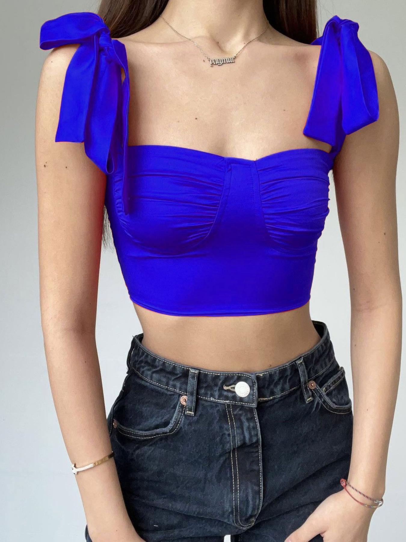 

Модный женский топ с бретелькой на бретельках крест-накрест без рукавов, тонкий кофточка с v-образным вырезом S синий