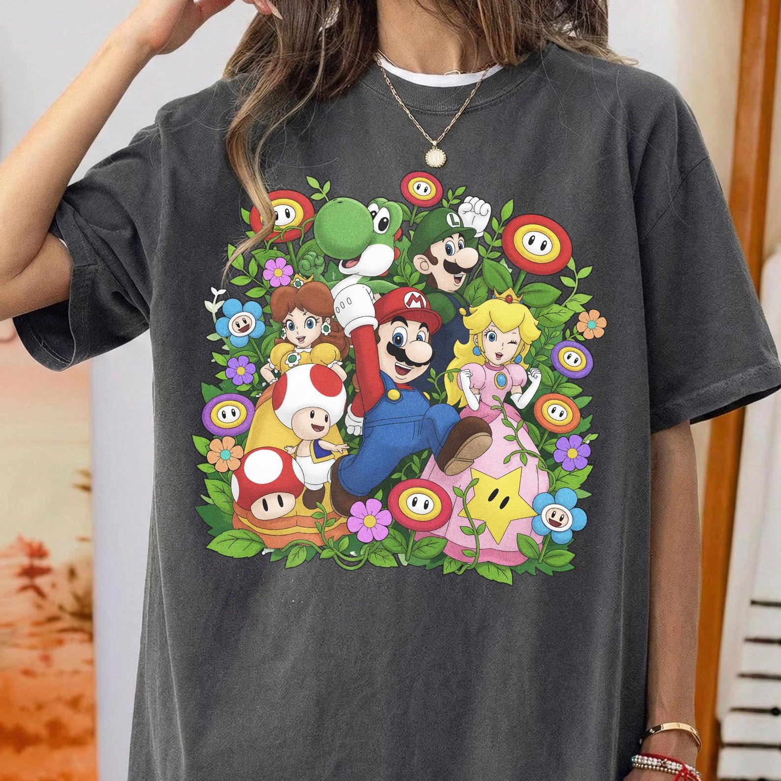 Super Mario Floral Graphic Tee, Retro Nintendo Characters, Gamer Birthday Shirt S