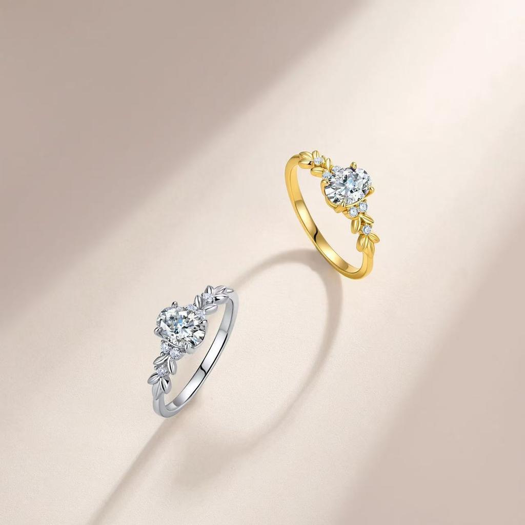 925 Silver Egg Moissanite Ring Ins Style Leaf Pattern Elegant Proposal & Couple Finger Jewelry