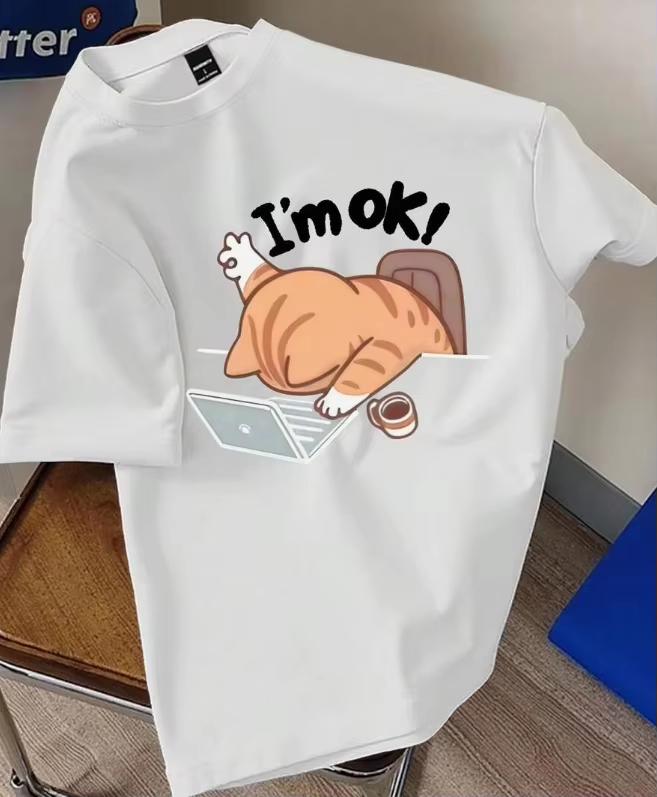 

2025 Men s Summer Letters and Cartoon Graphics Round Neck Short-sleeved Casual Pure Cotton Printing Men s and Women s Same Style S