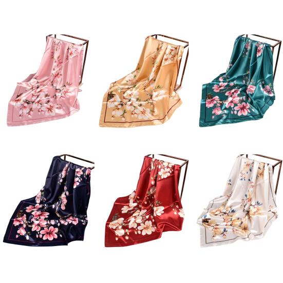 Exquisite Sunscreen Decorative Silk Scarf Women Elegant Peach Blossom Pattern Square Shawl Costume Accessories