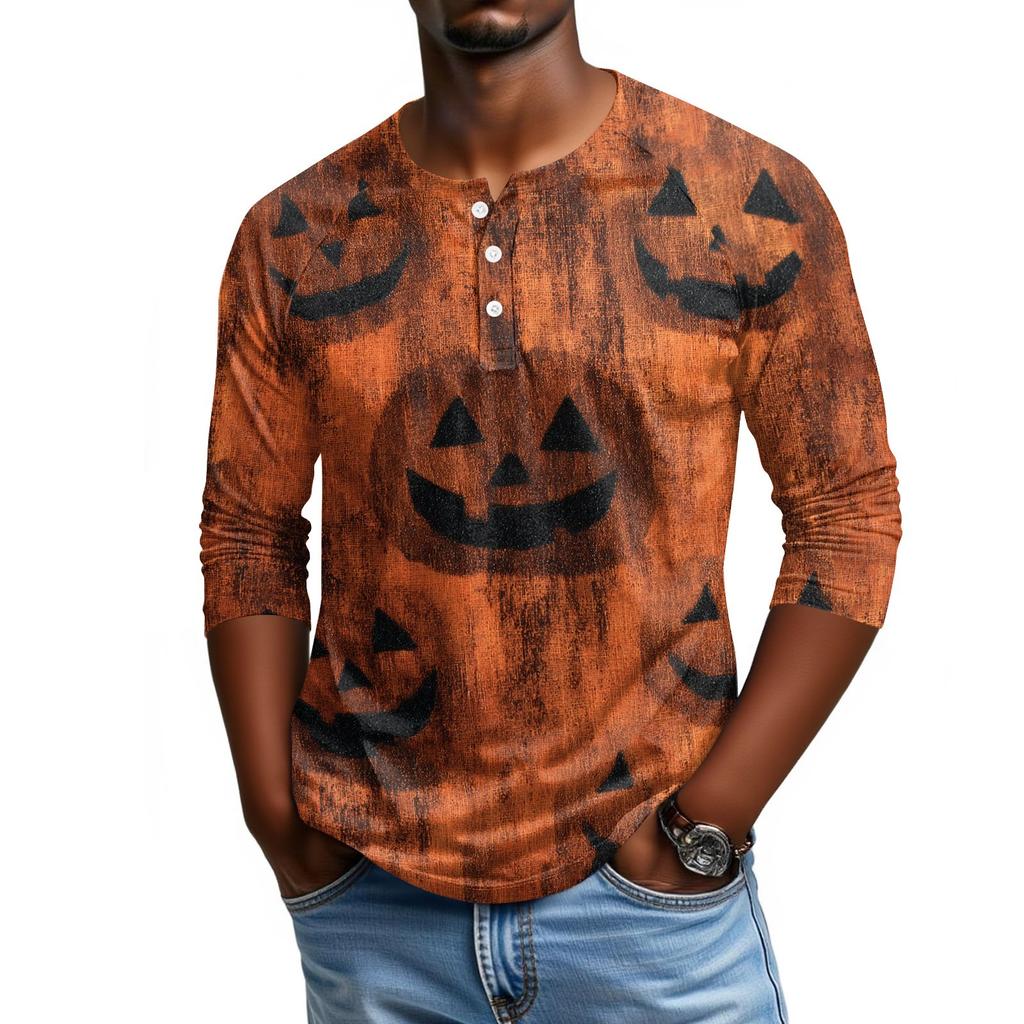 Men Casual Halloween Print Henley Shirt Raglan Three Quarter Sleeve Top Lightweight Comfortable Fabric