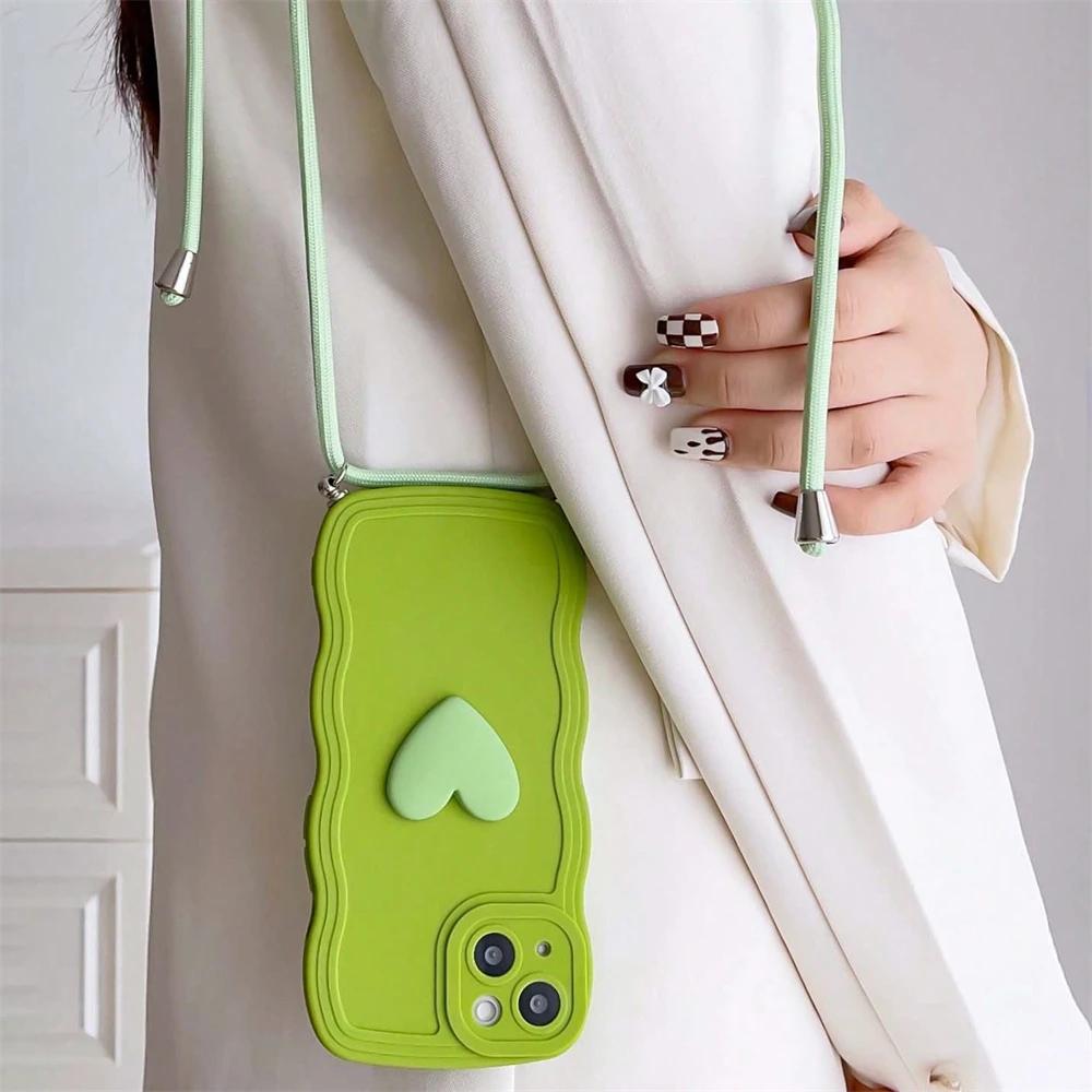

Luxury Crossbody Necklace Lanyard 3D Love Heart Wave Border Soft Case For 16 15 14 Pro Max 13 12 11 X XS XR 7 Plus Cover iphone 12 ProMax зелёный