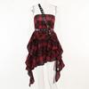 Gothic Plaid Red Summer Dress Women Lolita Streetwear Sleeveless Punk Off-Shoulder Dress Party Assymmetric Dresses