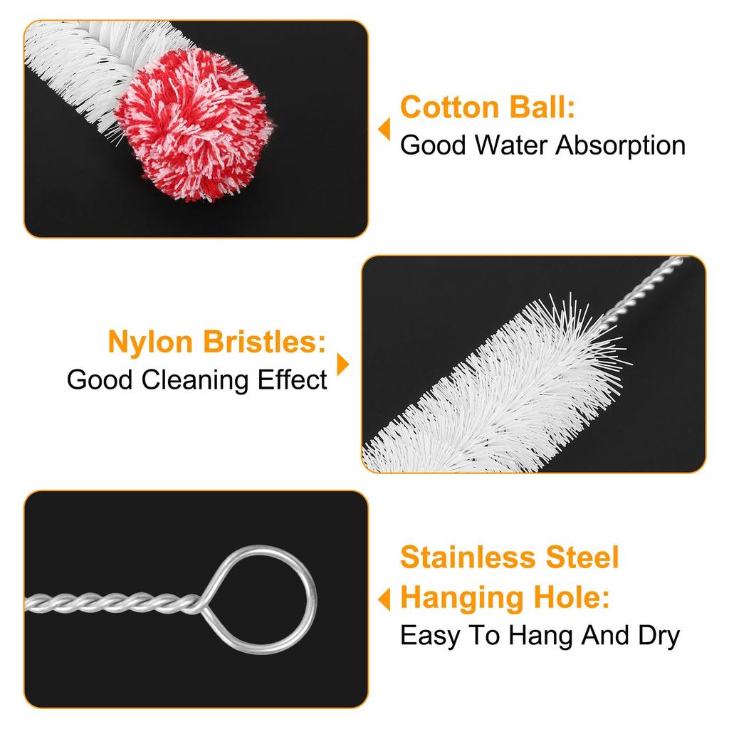 uxcell Water Bottle Brush Cleaner 304 Stainless Steel Handle Cup Brush with Cotton Ball Bottle Brush for Sink Bottle Kettle Beer Cup Red 4pcs