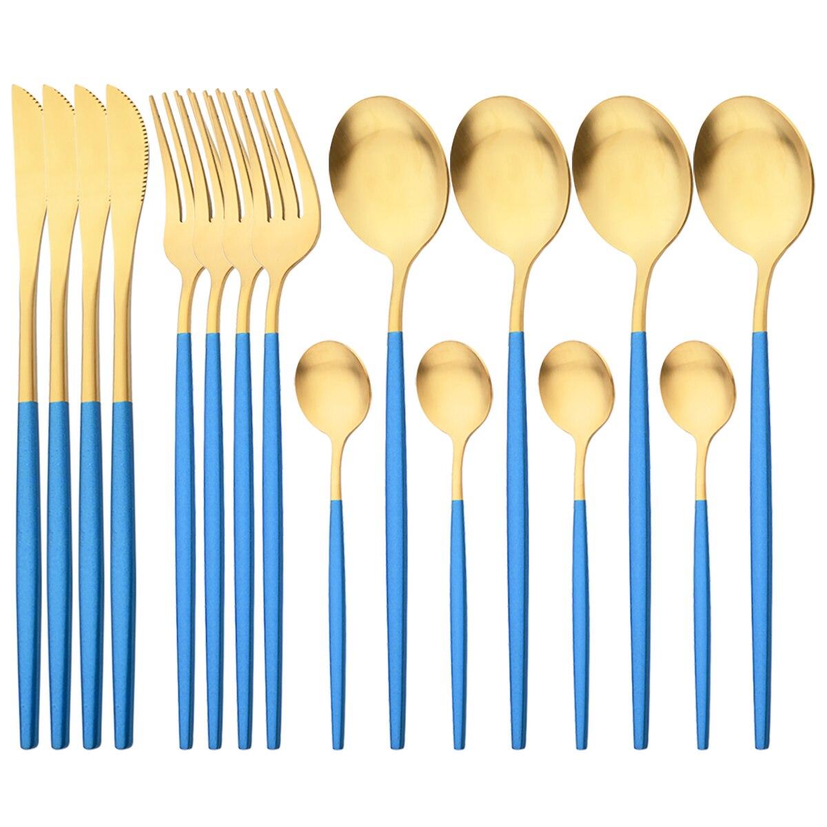 

Столовий посуд із чорного золота, 16 предметів. Набір столових приборів із західної нержавіючої сталі. Обідній ніж. Виделка. Ложка. Столовий посуд. Кухонний набір столового посуду. золотий/синій