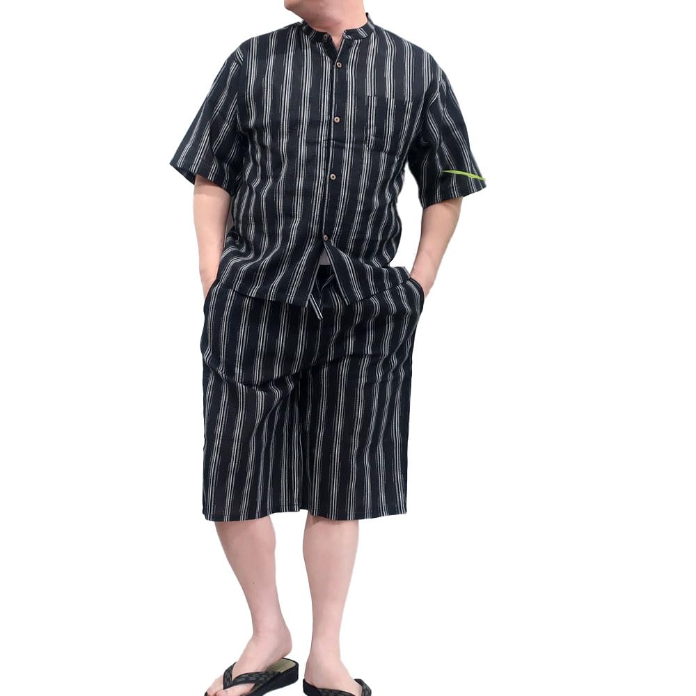 Cotton Shijira Weave Loungewear Set for Summer Pajamas Top and Bottom Set M L LL Cool Loungewear Jinbei Kimono 10000503 100% Men's Jinbei-style (JP,