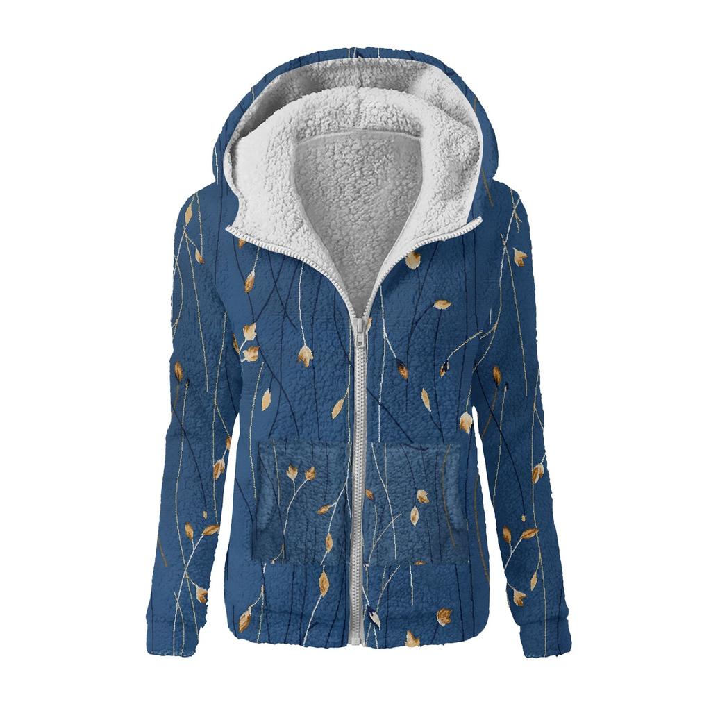 Women's Fashion Retro Floral Print Hooded Plush Casual Top Zipper Jacket