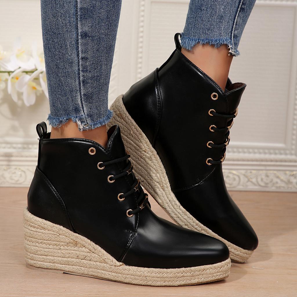 Wedge Heel Thick-soled Pointed Short Boots Solid Color Front Lace-up Straw Hemp Rope Bottom