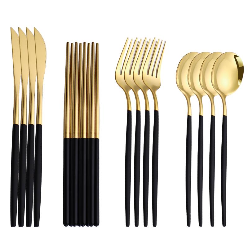 Set Edelstahl Besteckset Gold Messer Gabel Löffel Essstäbchen Set Goldenes Geschirrset Luxuriöses Tafelgeschirr Set Koreanisches Tafelgeschirr
