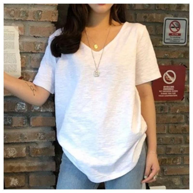 Slub Cotton T-shirt Women's Summer New Style V-neck Inner Bottoming Shirt Trend Top Short-sleeved Loose and Thin