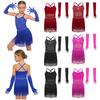 Kids Girls Latin Dance Leotard Sleeveless Cross Back Mesh Patchwork Tiered Tassel with 1 Pair Mesh Gloves for Competition