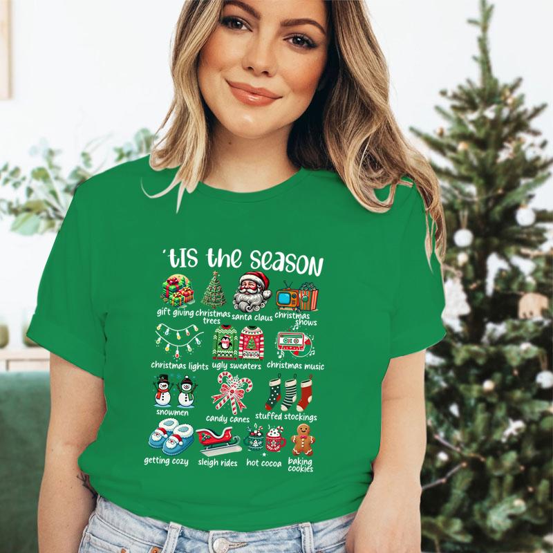 Retro Christmas Season Design TShirts Clothing Women Christmas Print Short Sleeve Tshirt Tops Oversized Tshirt Women Clothing