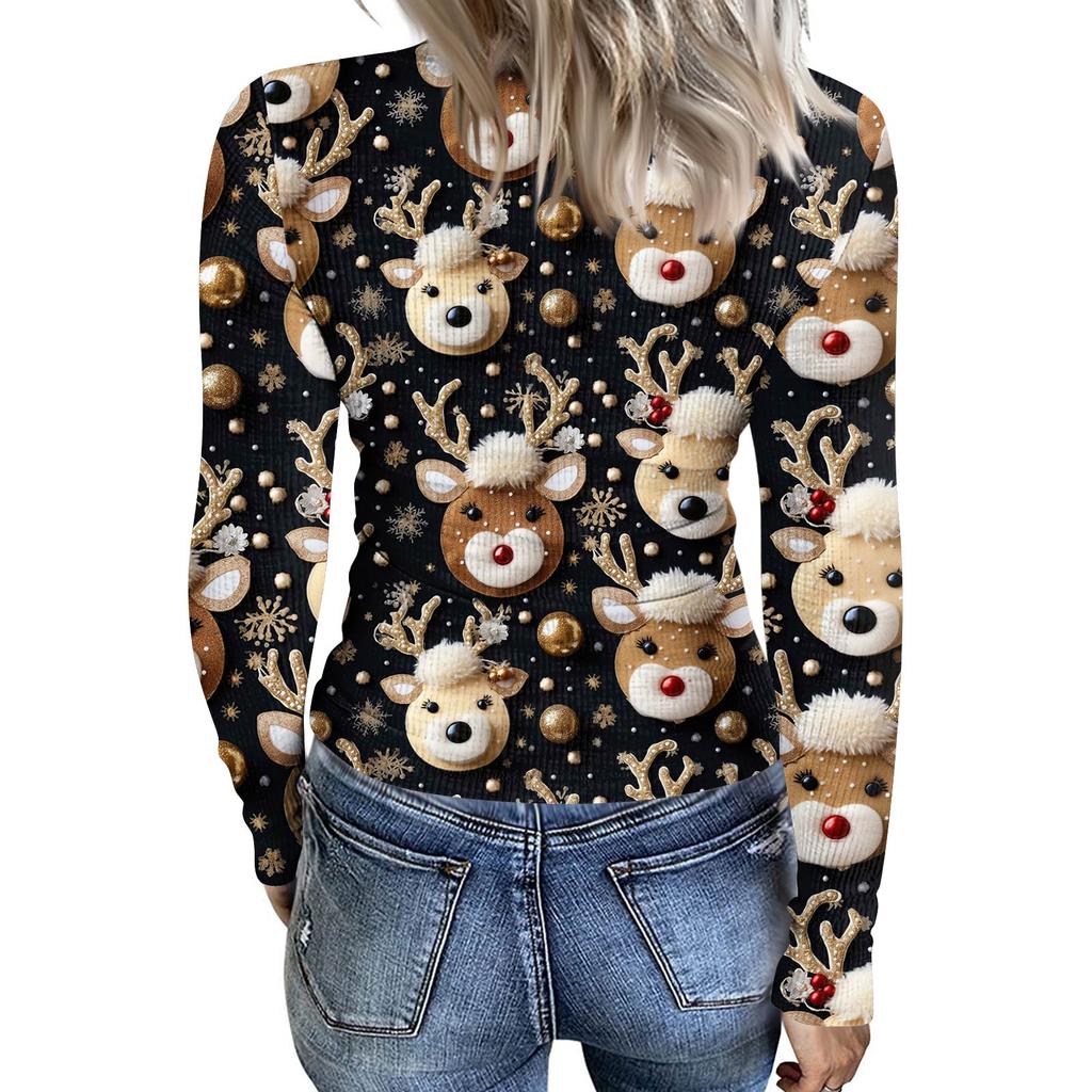 Dámské zimní přiléhavé základní tričko Módní vánoční potisk Výstřih do V Pulovr Top s dlouhým rukávem