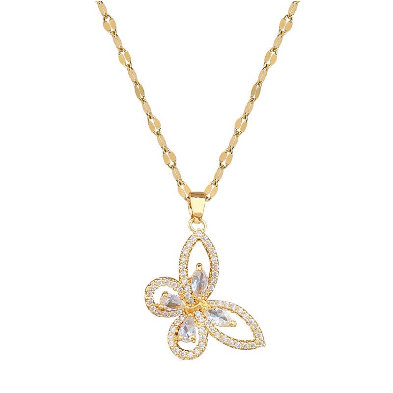 Titanium Steel, Empty Butterfly Zircon Full Diamond Temperament Gorgeous Full Diamond Necklace Female Versatile Collarbone Chain Titanium Steel Chain