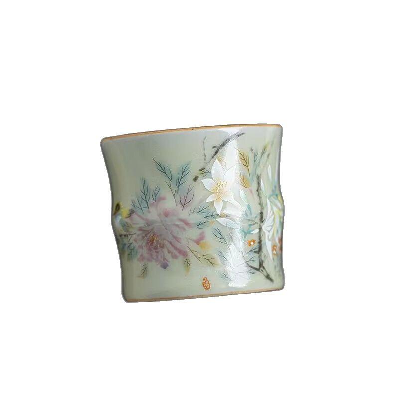 Teacup Master Cup Ru Kiln Secret Yellow Hand Painted Straight Body Cup Chinese Household Ceramics Personal Tea Drinking Bamboo Cup Tea Tasting Cup