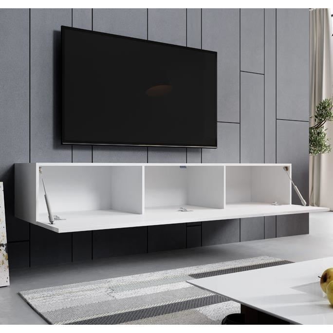 Suspended Living Room TV Unit - 1 Door with 3 Compartments - White Color - L 180 X D 30 X H 40 Cm - Aitana M2 Model