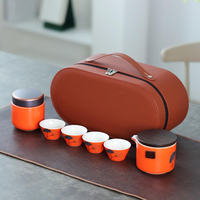 High-end Outdoor Portable Travel Tea Set, Household One Pot, Four Cups with Bamboo Tea Tray, a Complete Set of Commemorative Gifts