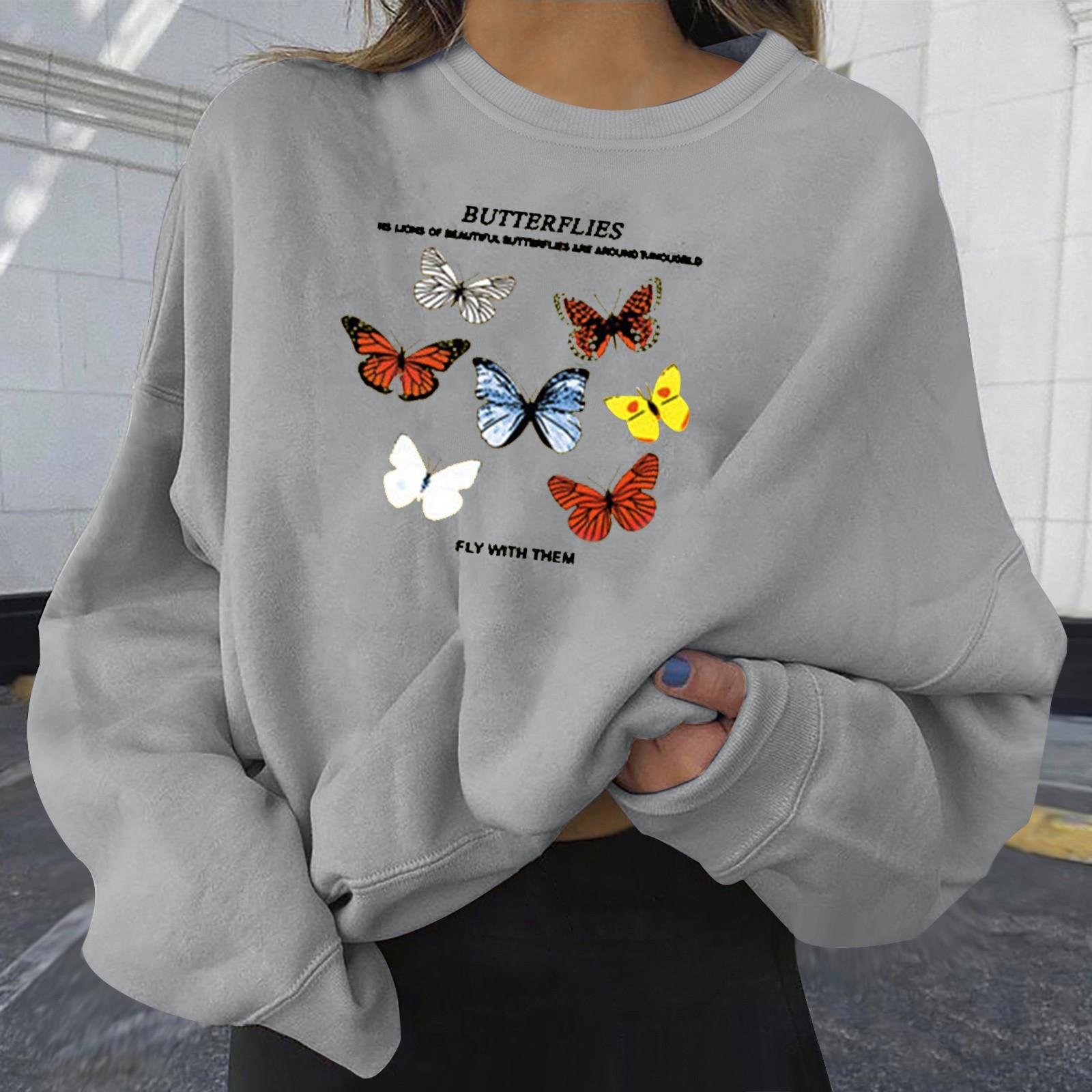 

(SU)Модные женские повседневные женские толстовки с длинным рукавом и принтом бабочки, топы S бежевый