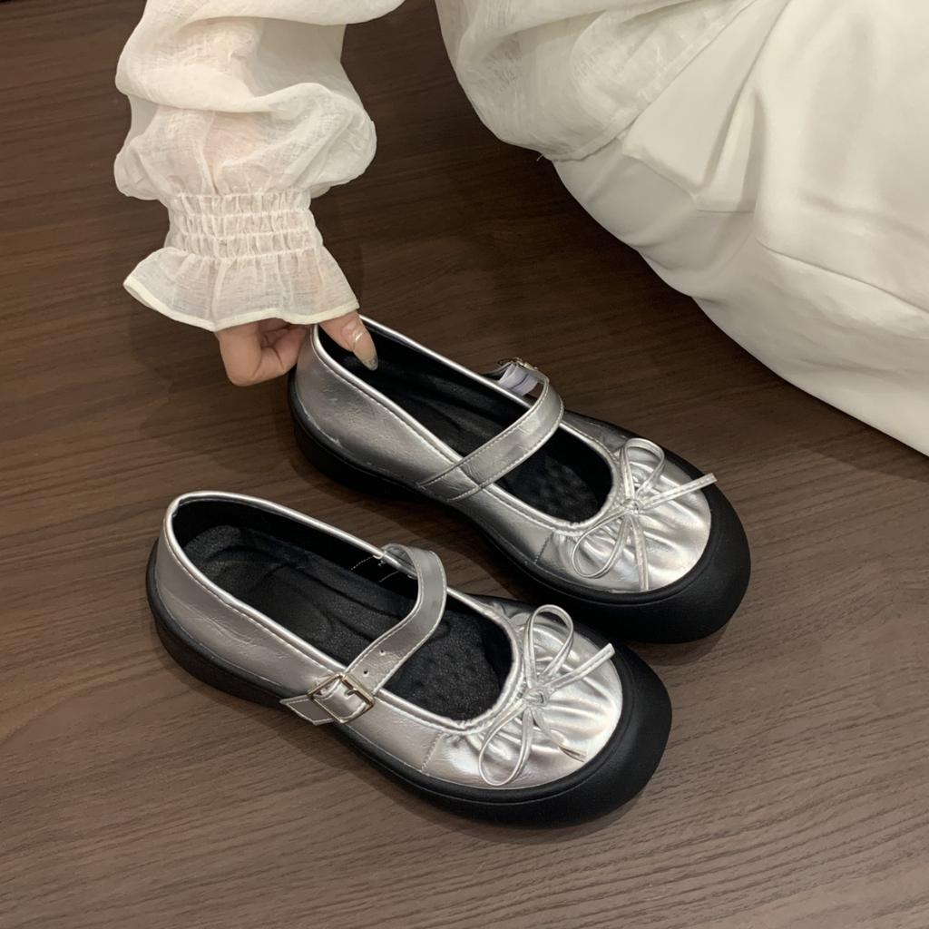 Platform-soled French Silver One-pedal Bow Mary Jane Shoes Children with Skirts 2025 Summer New Popular Single Shoes