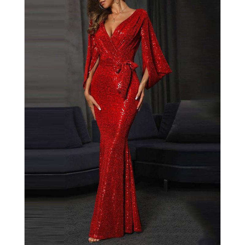 

Women s Evening Dress European and American Sexy Dress Split Pure Color Sequins Mop Evening Dress Skirt Red 2XL