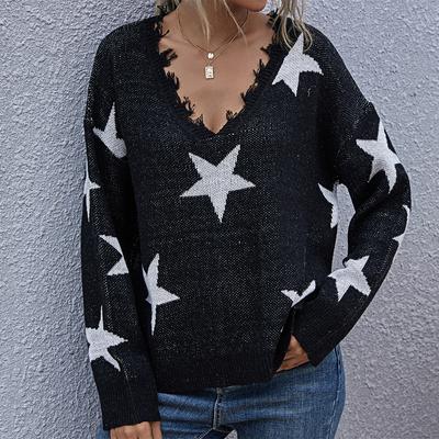 Women's Fashion Casual Pentagram Print Autumn Winter Long Sleeve V-Neck Loose Sweaters