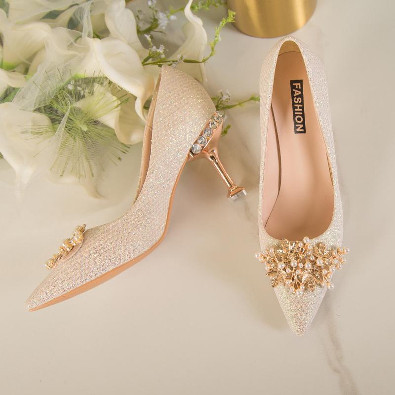 Fashion Spring Casual Wedding Bride Rhinestone Gold Fashion High Heels Metal Buckle Sexy Work Shoes 7cm Large Size Female Shoe High Heel