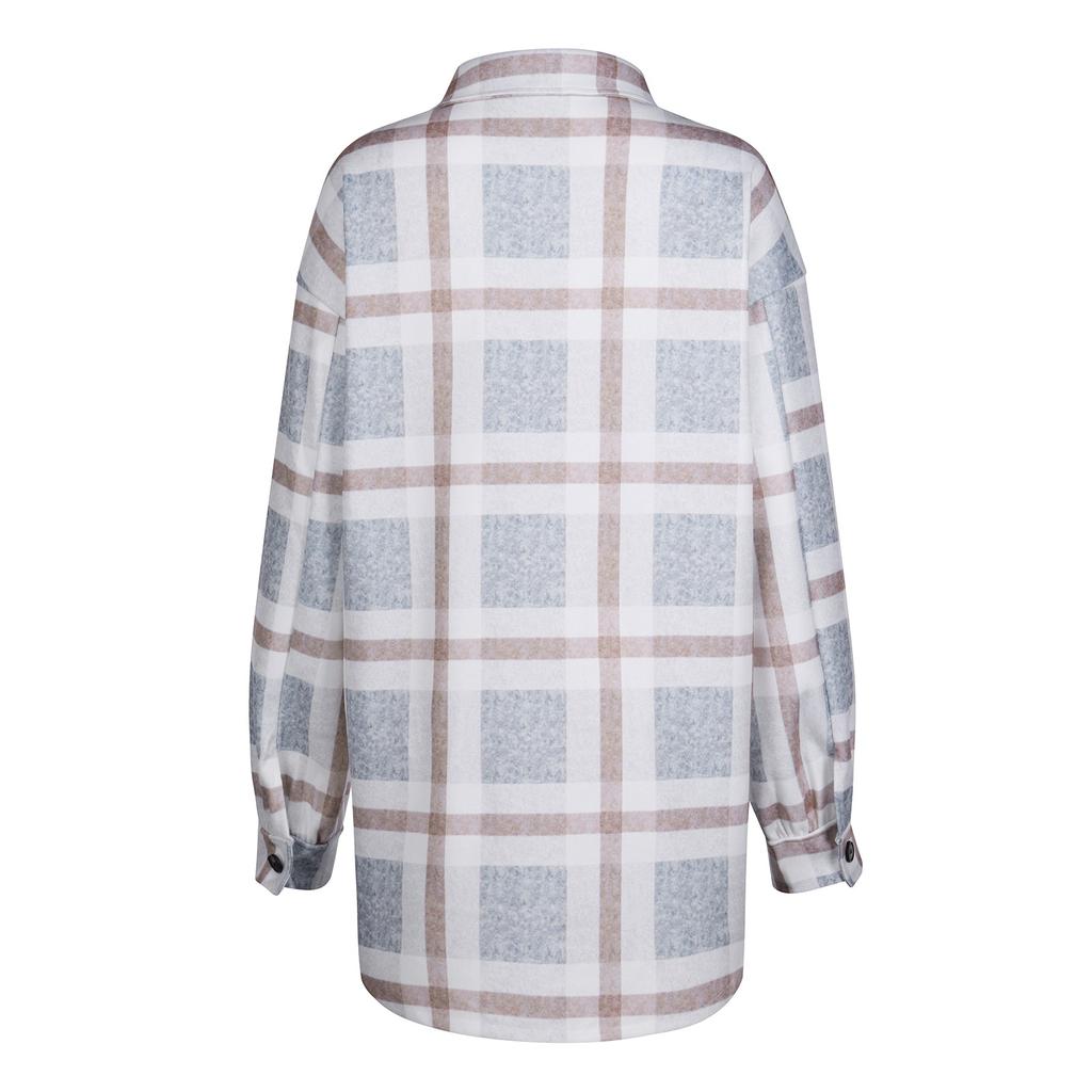 Dámské kartáčované kostkované košile Dlouhý rukáv Flanel Lapel Knoflík dolů Kapsa Shacket Flanelová bunda Kabáty