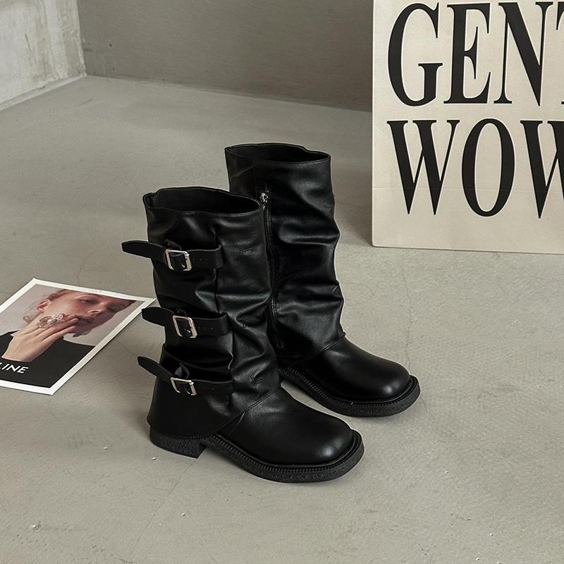 

Thick-soled trouser tube boots women s versatile design sense 2025 autumn and winter new belt buckle medium tube stacking boots western cowboy boots 35 чёрный