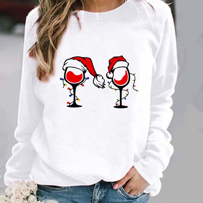 

(Азиатский размер) С Рождеством, вином, стилем любви, с Новым годом, для женщин, с принтом, с праздничным принтом, модные повседневные пуловеры, одежда, свитшоты с графикой