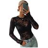 Lente Zomer Nieuw Dames Doorzichtig Sexy Slim Fit Lange Mouw Bedrukt Kant T-shirt