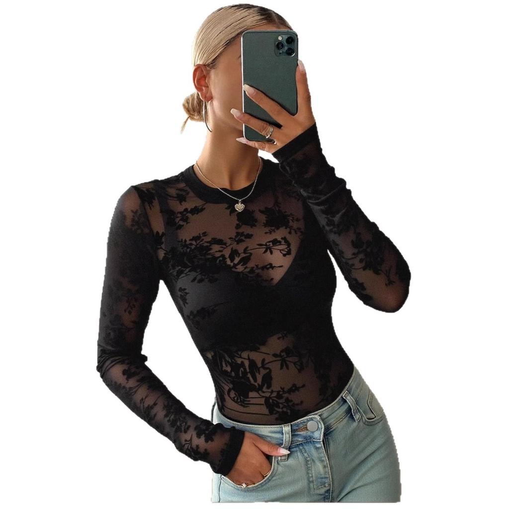 Lente Zomer Nieuw Dames Doorzichtig Sexy Slim Fit Lange Mouw Bedrukt Kant T-shirt