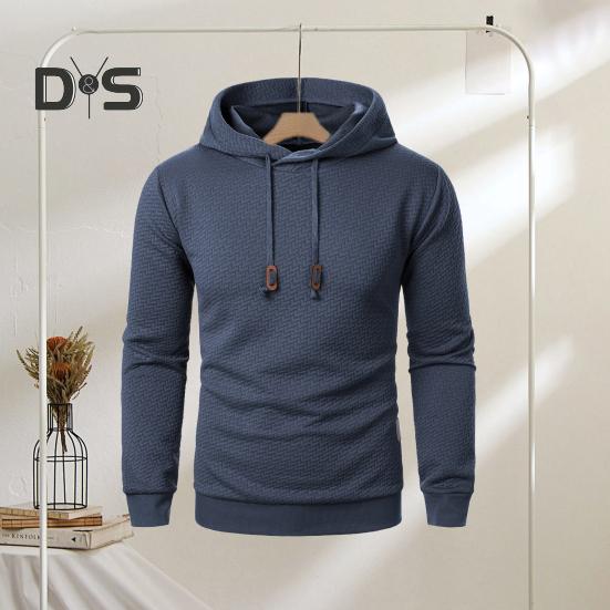 Men Fall Winter Hoodie Solid Color Drawstring Long Sleeves Jacquard Design Hooded Elastic Cuff And Hem Thin Daily Wear Casual Sport Top