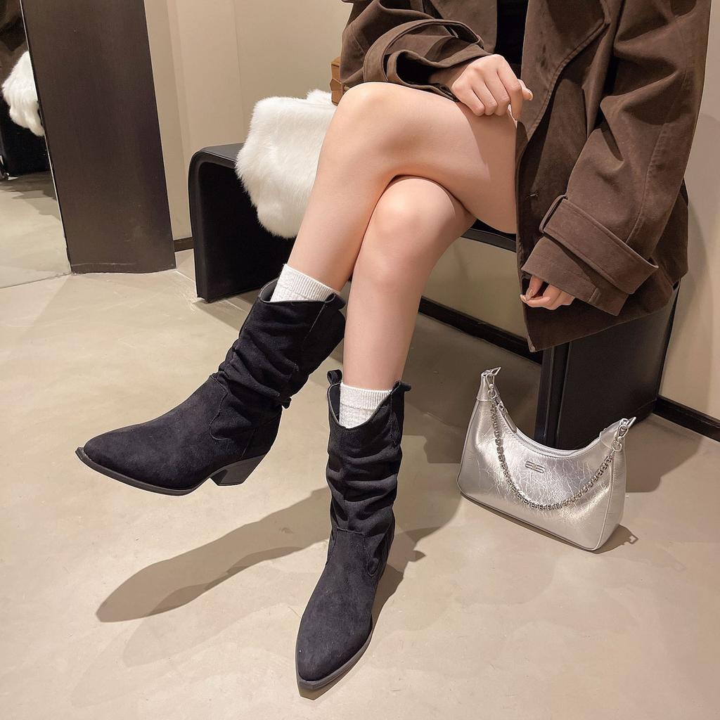 Vintage pointed suede pleated piled boots women's 2025 new thick heel thin medium tube boots Merard knight boots autumn