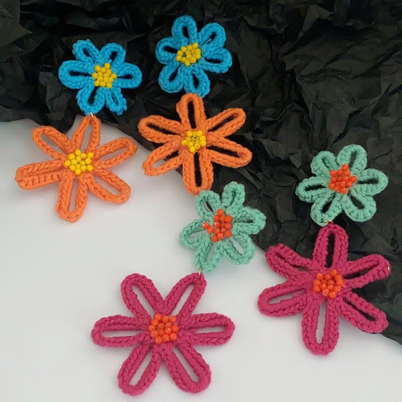 Woven Wool Wound Flower Stud Earrings Exaggerated Personality Earrings Versatile Temperament Earrings