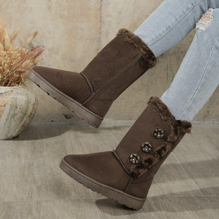 Button Snow Boots Women Winter Korean Style Round Head Plus Size Cotton Shoes Warm Flat Shoes