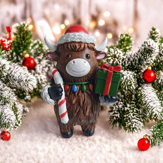 Christmas Highland Cattle Statue Thanksgiving Day Pumpkin Highland Cow Figurine Sculpture Home Office Desktop Decoration Ornament
