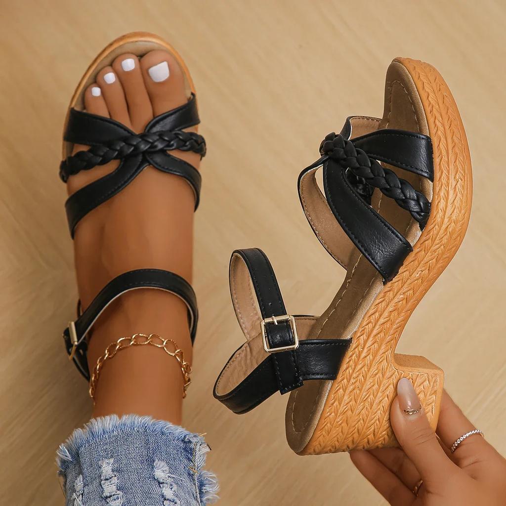 Fashion Camel Thick High Heels Sandals Women Summer 2025 Buckle Strap Platform Sandles Woman Woven Cross Band Gladiator Sandalias Mujer