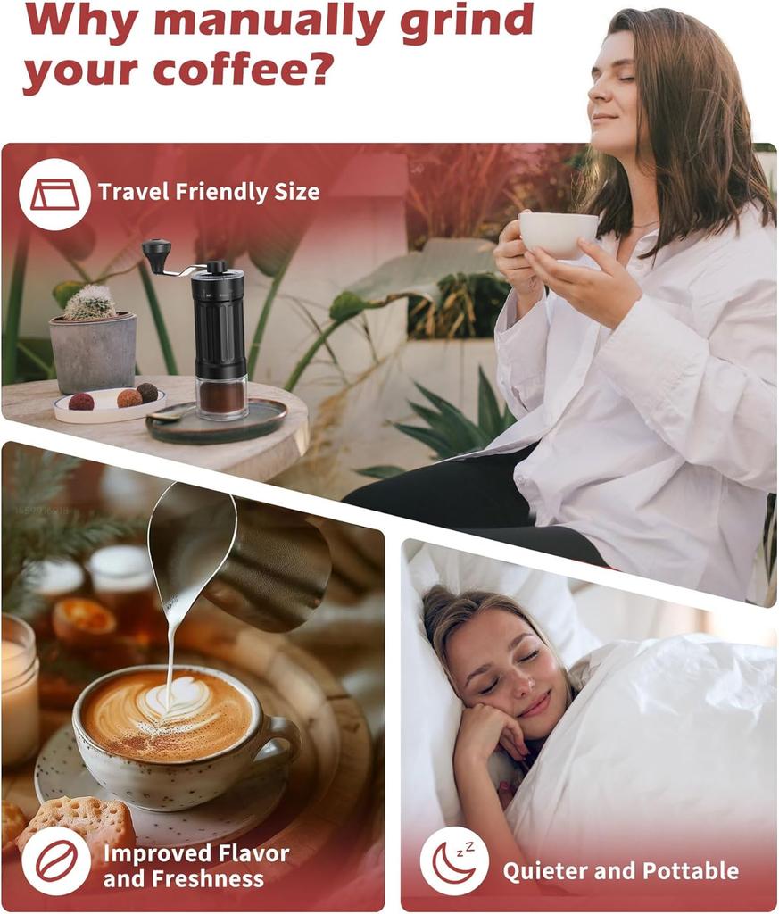 Manual Coffee Grinder with Ceramic Burr Handheld Hand Crank Espresso Grinder for Coarse Drip Fine Pour Over French Press