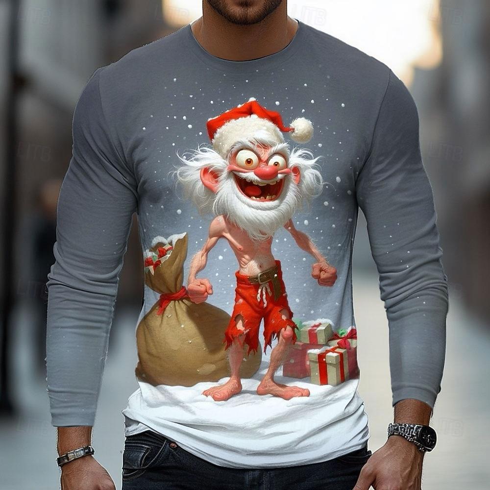 Spring and Autumn Round Neck Funny Christmas Santa Graphic 3D Printed Top Fashionable Casual Long Sleeved Men's T-shirts
