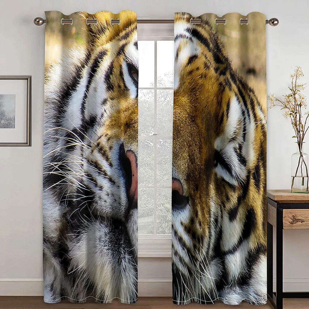 3D Digital Printing Curtain for Kitchen, White Tiger, Wild Animal Pattern, Short Window Curtains, Living Room, 2 Panels