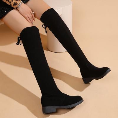 Czarne kozaki do kolan jesień nowe okrągły nosek rękaw damskie buty gruby obcas moda cienkie buty