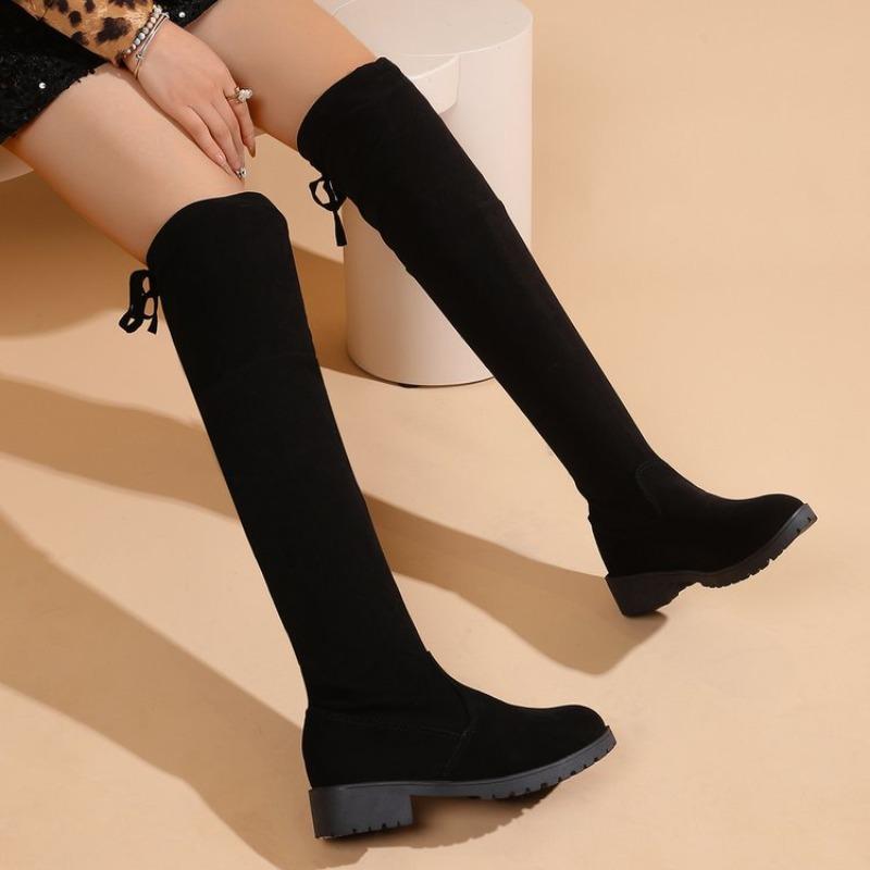 Black Knee Boots Autumn New Round Head Sleeve Women's Boots Thick Heel Fashion Thin Boots