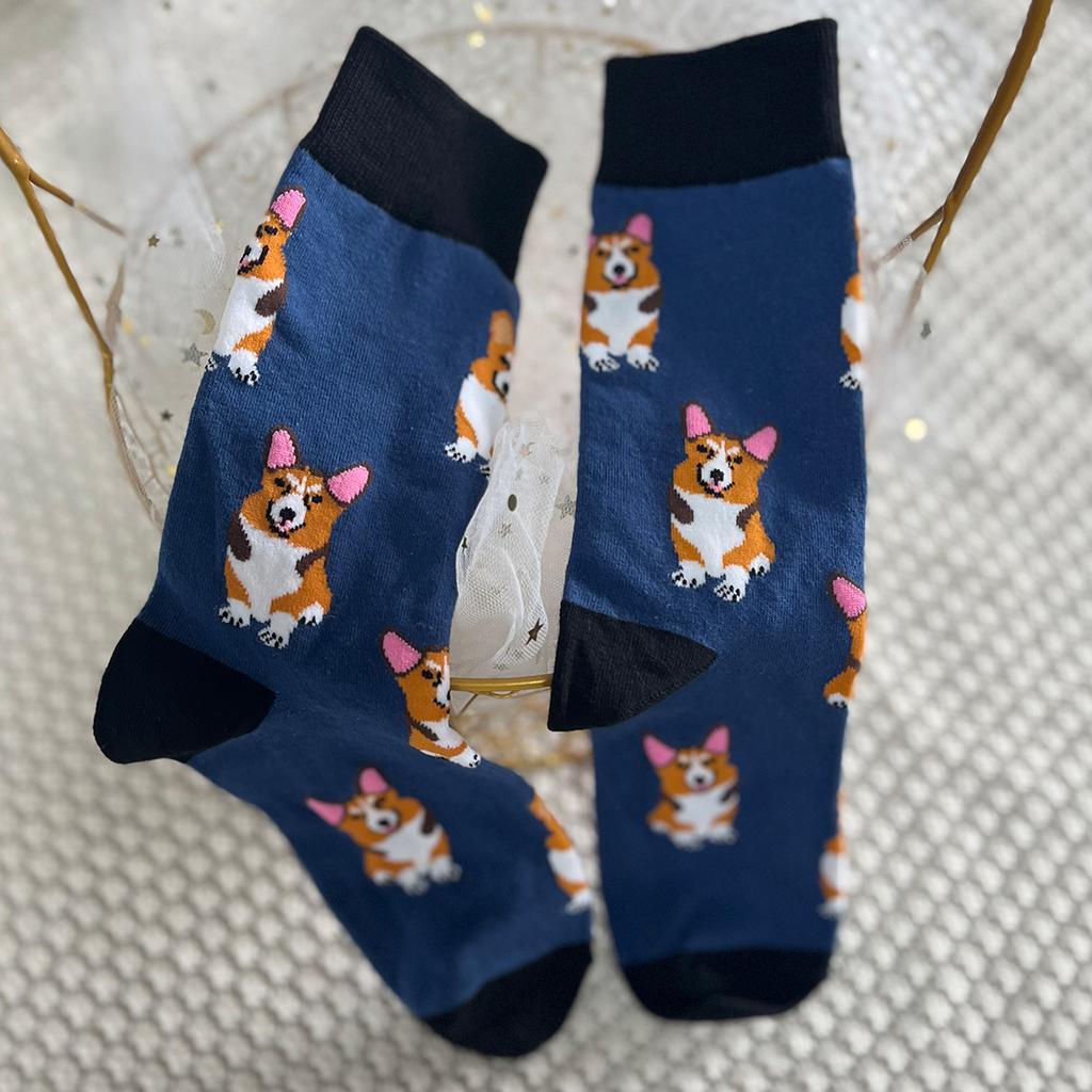 1 Pair Unisex Lovely Corgi Pattern Novelty Funny Comfy Mid Tube Socks Suit In All Seasons For Daily Street