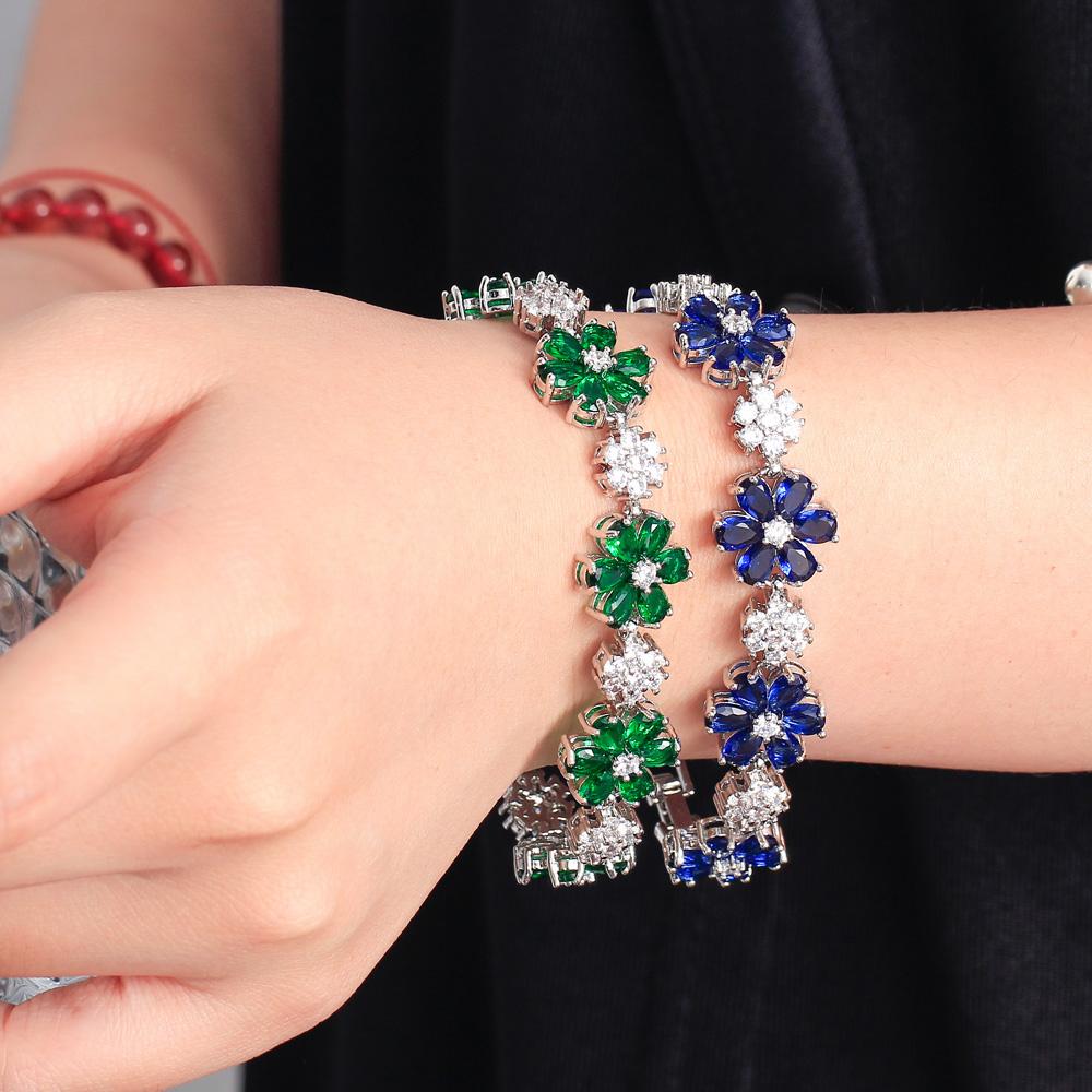 CMM Gorgeous Gold Color Green Cubic Zirconia Flower Charm Link Women Wedding Party Bracelets Jewelry Gift