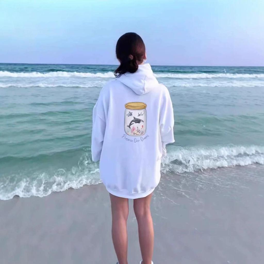 European Size Women's Drop Shoulder Ribbed Orca Print Hoodie Sweatshirt